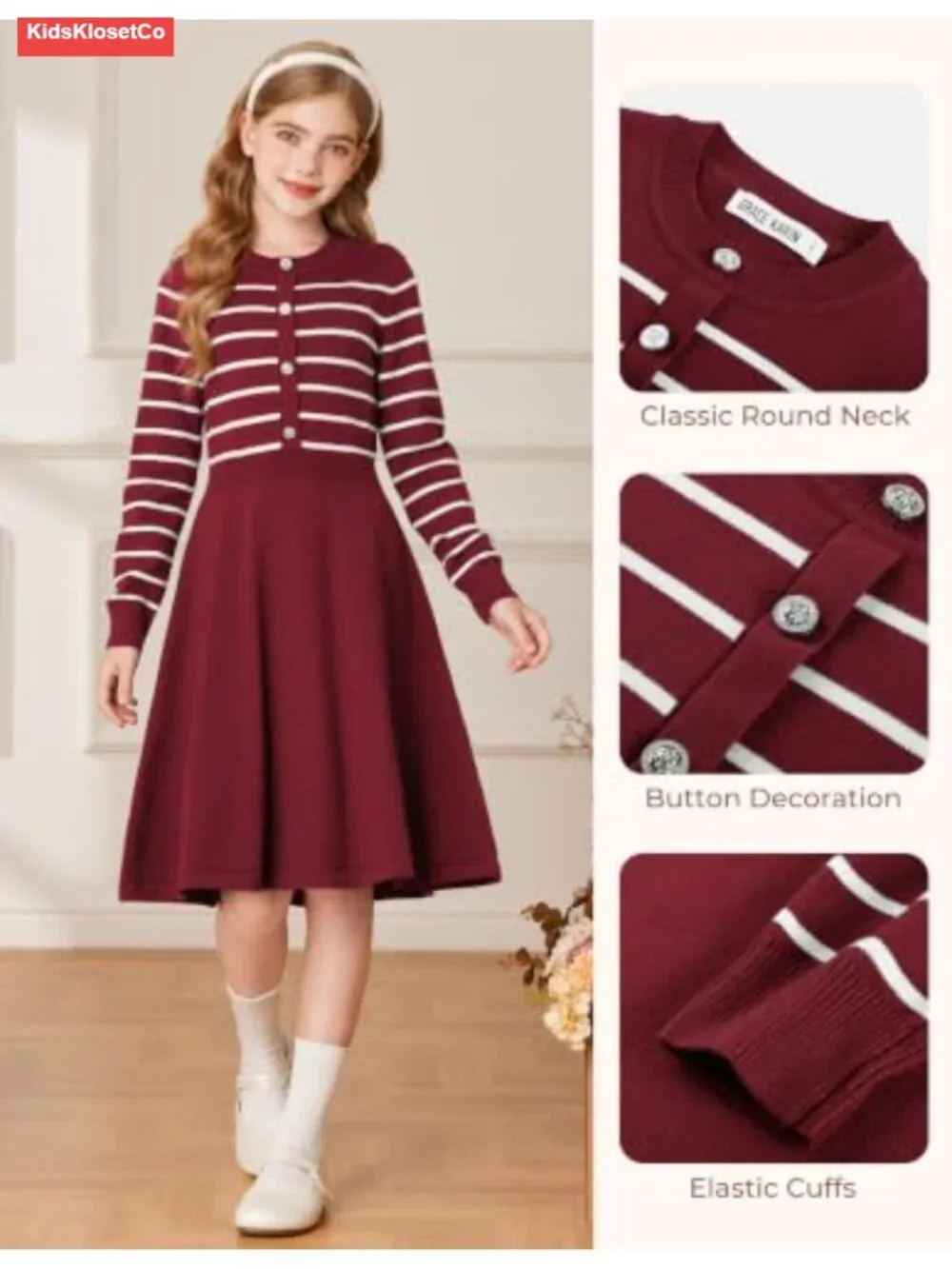 Girls Sweater Dress Long Sleeve Crew Neck Floral Stripe Knit A-Line School Party